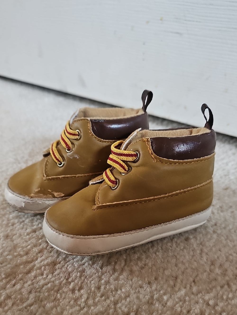Revo Tan and Brown High-Top Baby Walker Shoes with Yellow-Red Laces